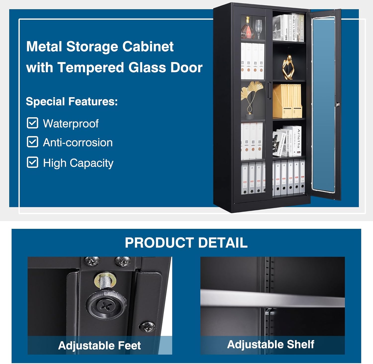 Display Cabinet with Glass Doors, 71 Inches Metal Curio Storage Cabinets with 4 Adjustable Shelves, Locking Glass Cabinet Display Case for Home, Office, Clinic, Pantry (Black)