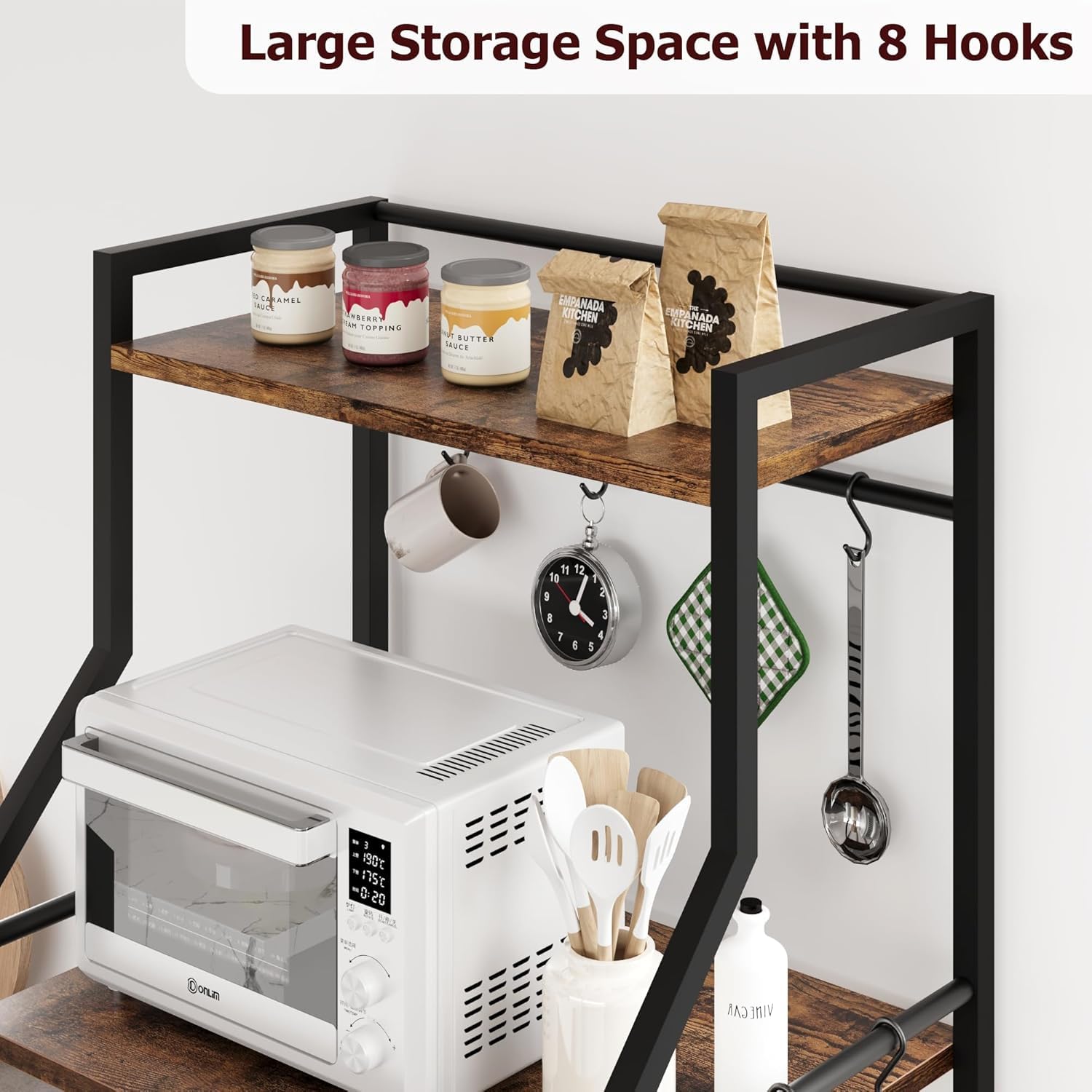 Garvee Mueble microondas Cocina con Gran Capacidad,Estantería 5 Niveles para Microondas de Cocina,con 6 Ganchos para Especias y Organizador de Ollas,60 * 40 * 146 cm(Marrón)