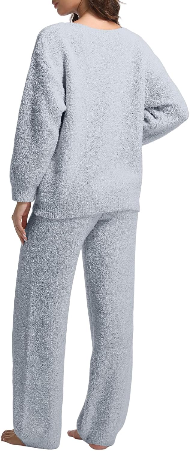 2 Piece Fleece Pajamas for Women Sets V-Neck Outfits Sweater Womens Long Sleeve Fuzzy Loungewear Pajama Set - Image 4