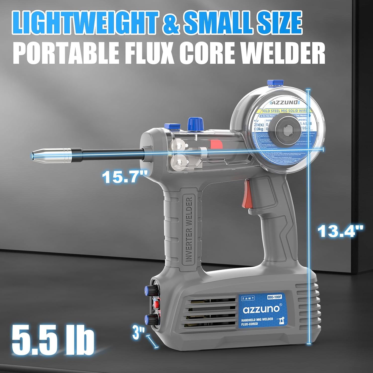 Dimensions of AZZUNO Portable Flux Core MIG Welder