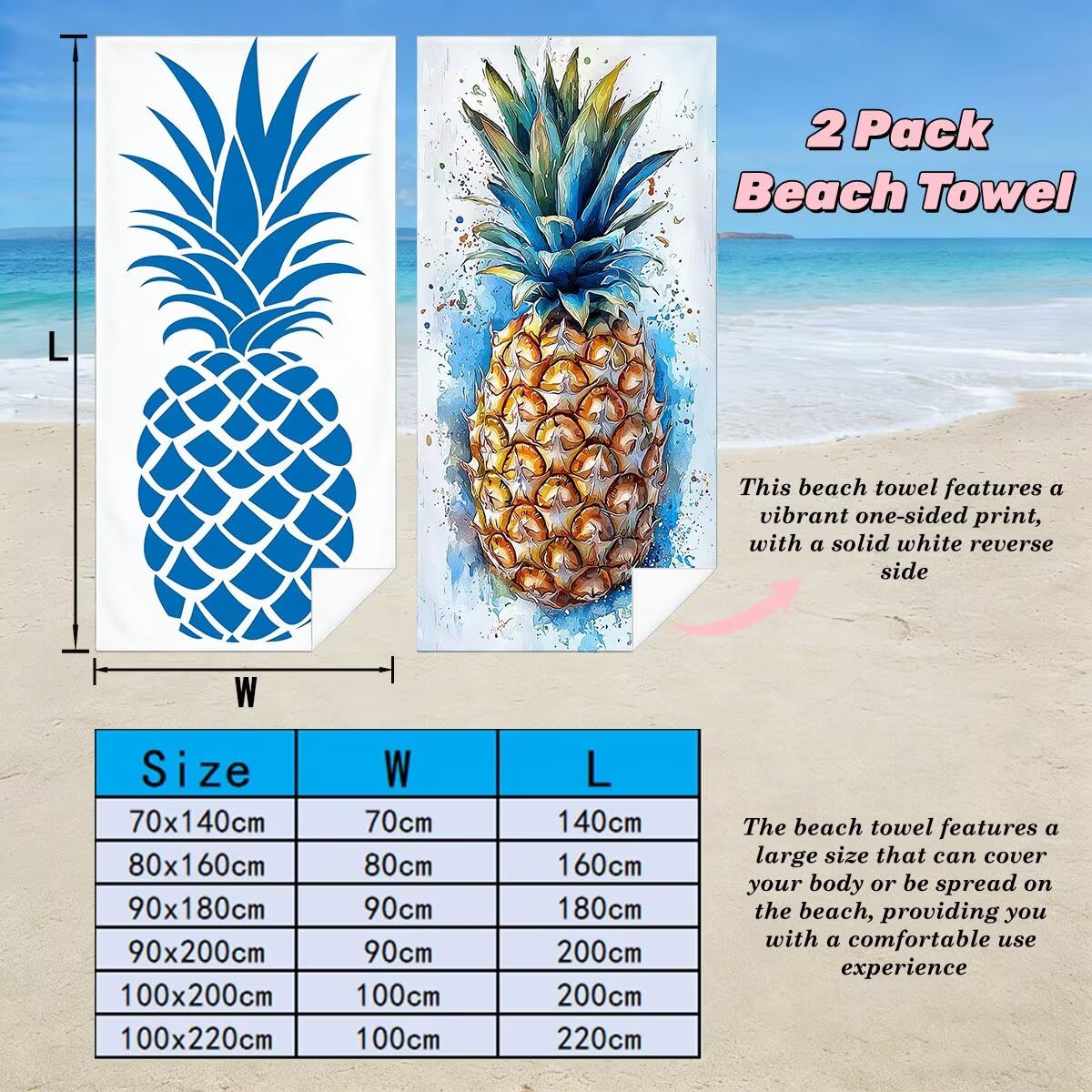 Juego de 2 Toalla Playa Grande 80x160 cm, Secado Rapido Toalla Microfibra Gimnasio, Antiarena Toallas de Playa Piña, Grande Ligera Compacta Toallas Microfibra Mujer Hombre para Viaje Piscina -5120