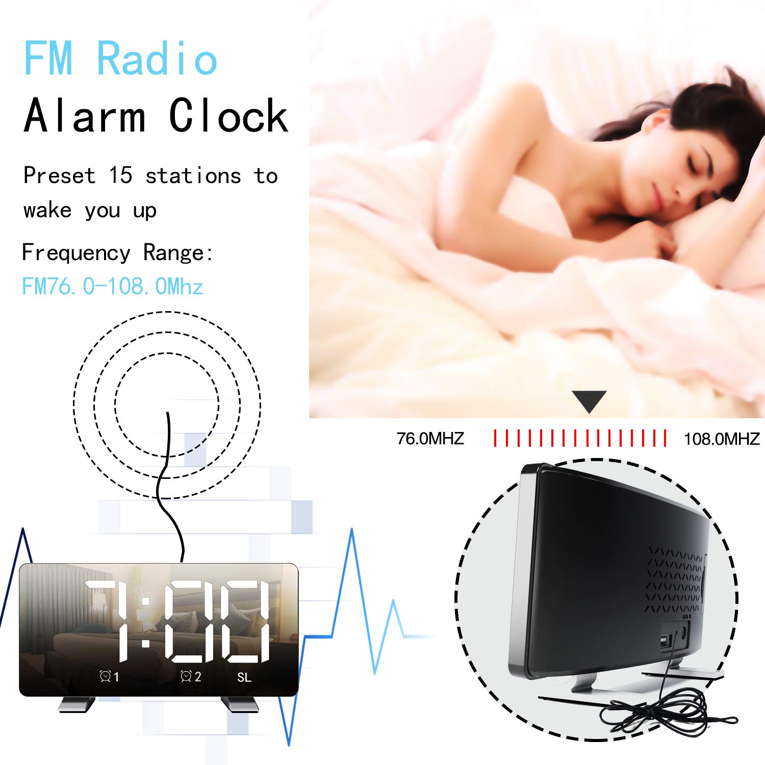 Lancoon Radio Réveil Chambre - Horloge LED Avec Miroir, FM, USB Charge, Blanc - Double Alarme