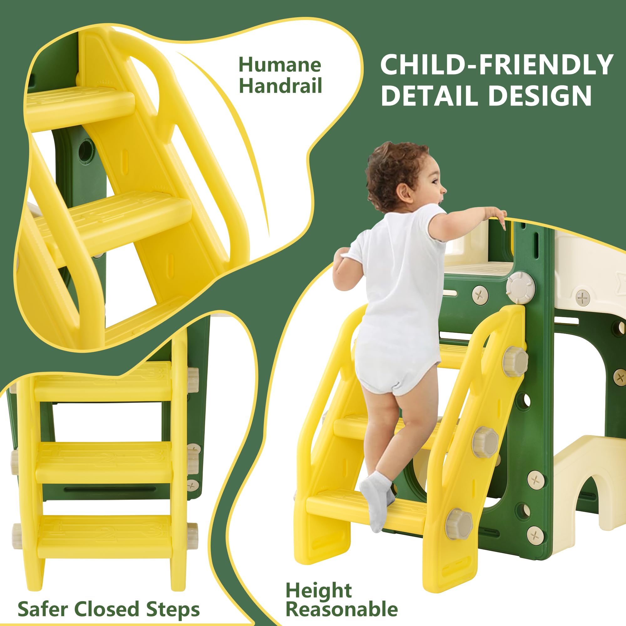 Kinder Rutsche, 7 in 1 Kinderrutsche mit Slide, Climber, Telescope, Small Window, Basketballkorb, Storage Space und Tunnel, Indoor-Kunststoffrutschenset, Montessori-Spielzeug für Den Spielplatz