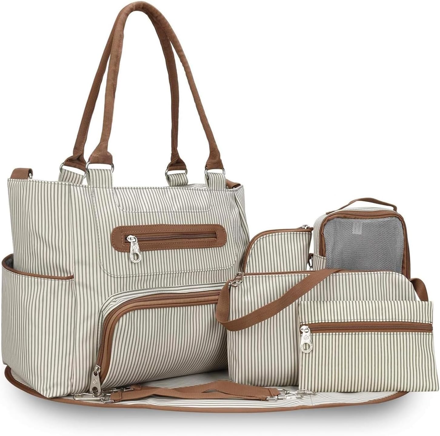 KOCASO Multifunctional Baby Diaper Bag Set - 8Pcs Baby Nappy Diaper Bags for Mom and Dad,Diaper Tote with Bottle Bag, Mesh Bag, Purse, Diaper Pad, 2 Burp Cloths, 2 Hook Straps(Khaki)