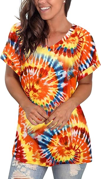 GOOTUCH Womens Summer Tops Tie Dye Short Sleeve Shirt V Neck T Shirts Casual Loose fit Blouses