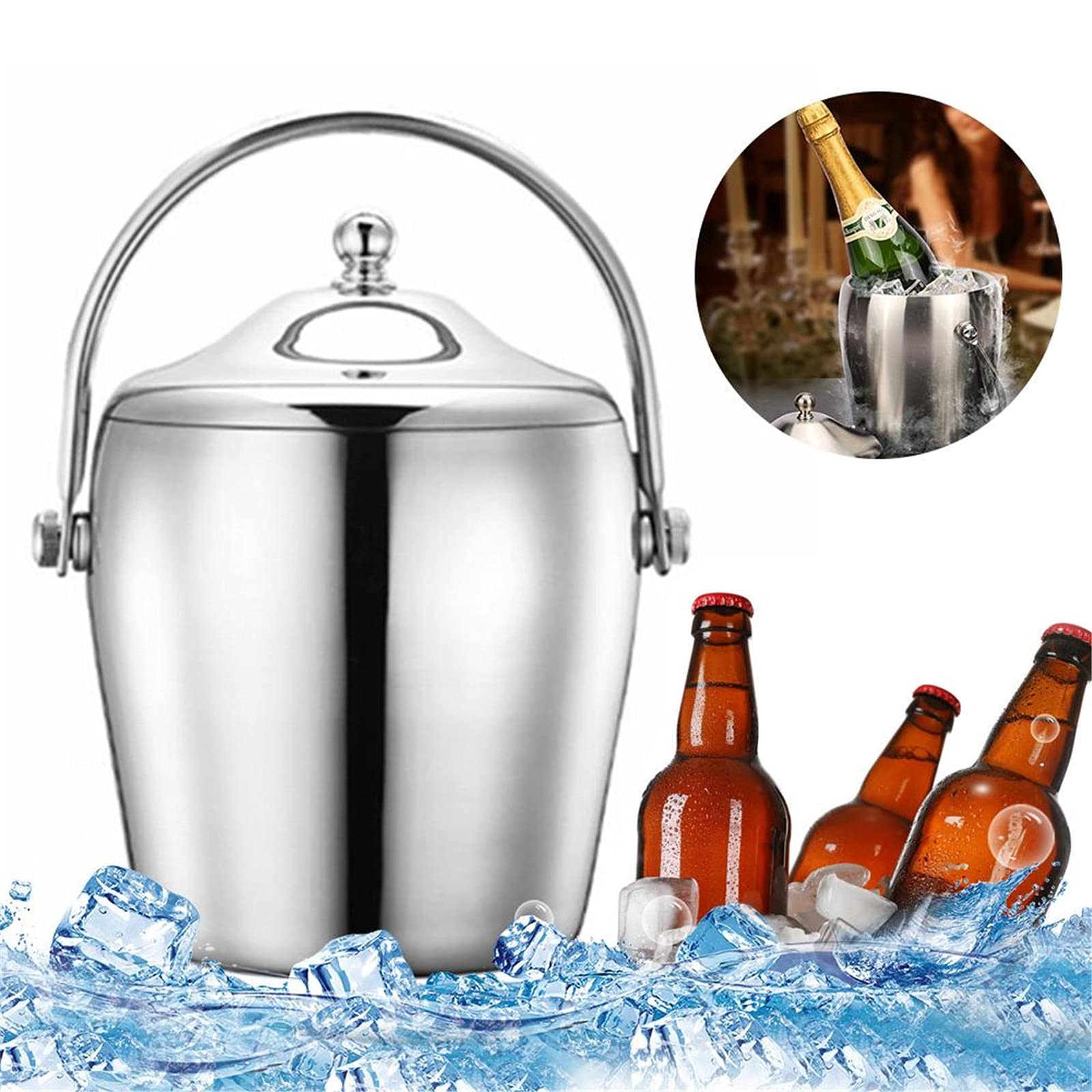 Eisbehälter aus Edelstahl Tragbarer Eiseimer isoliert Edelstahleiseimer mit Deckel für Cocktailpartys