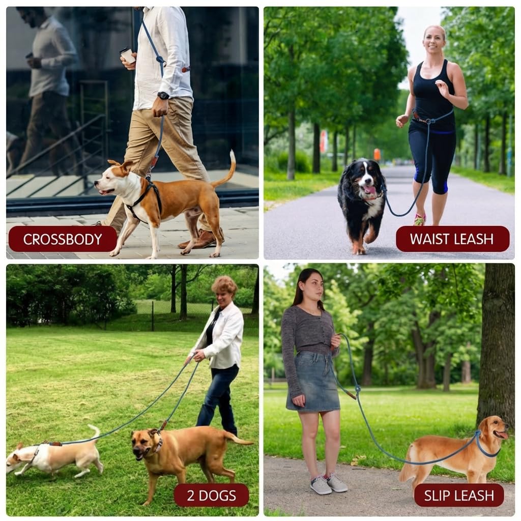 Tails & Tales Freihändige Hundeleine, Taillenleine für Spaziergänge mit dem Hund, Crossbody, multifunktional, Hundeleine, Laufen, Doppelleine für 2 Hunde, Doppelgriff, Hundetraining, Weingut Rot