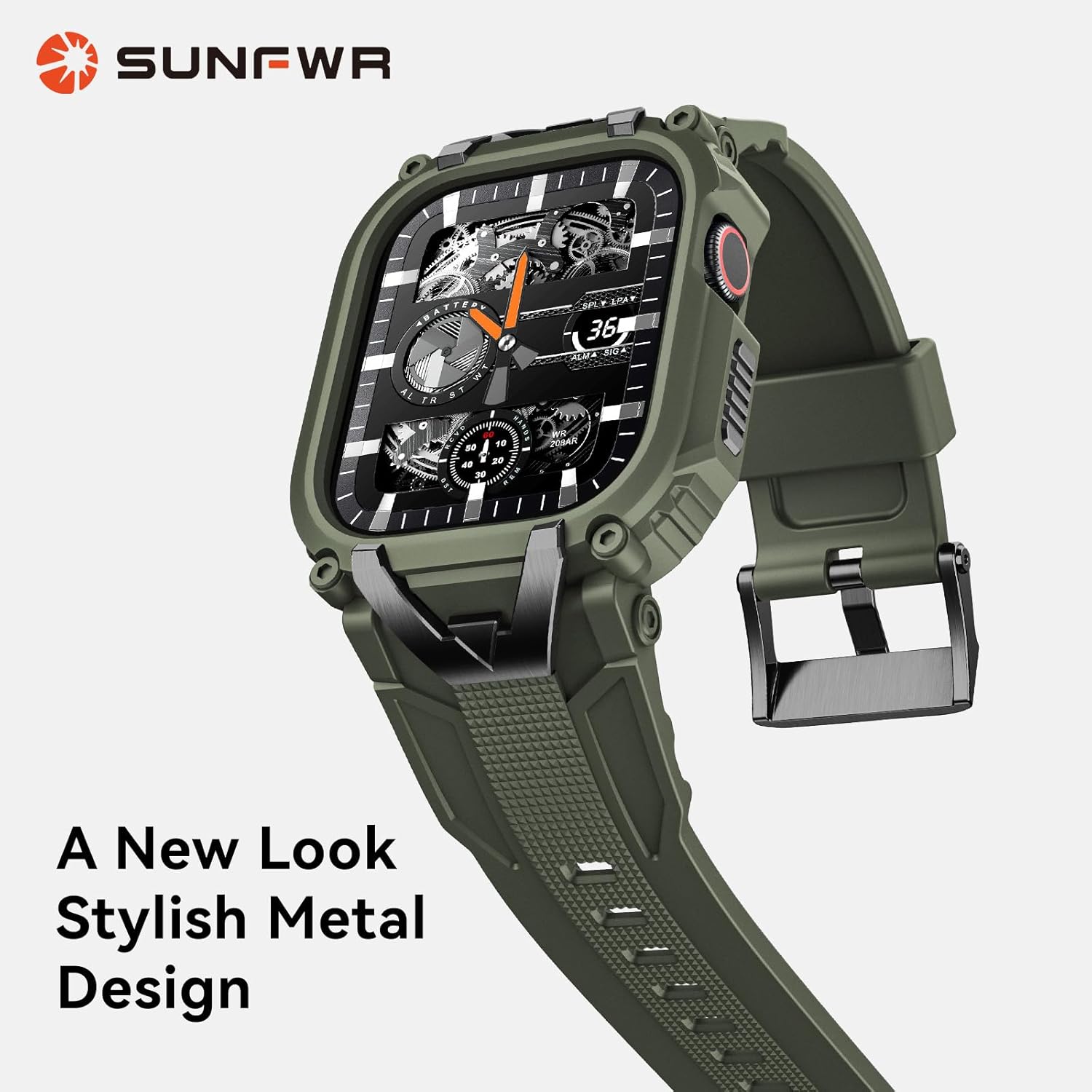 SUNFWR Rugged Band with Case Compatible with Apple Watch Bands for Men 45mm 44mm, Sport Strap with Protective Cover Bumper for iWatch Series 9 8 7 6 5 4 SE SE2