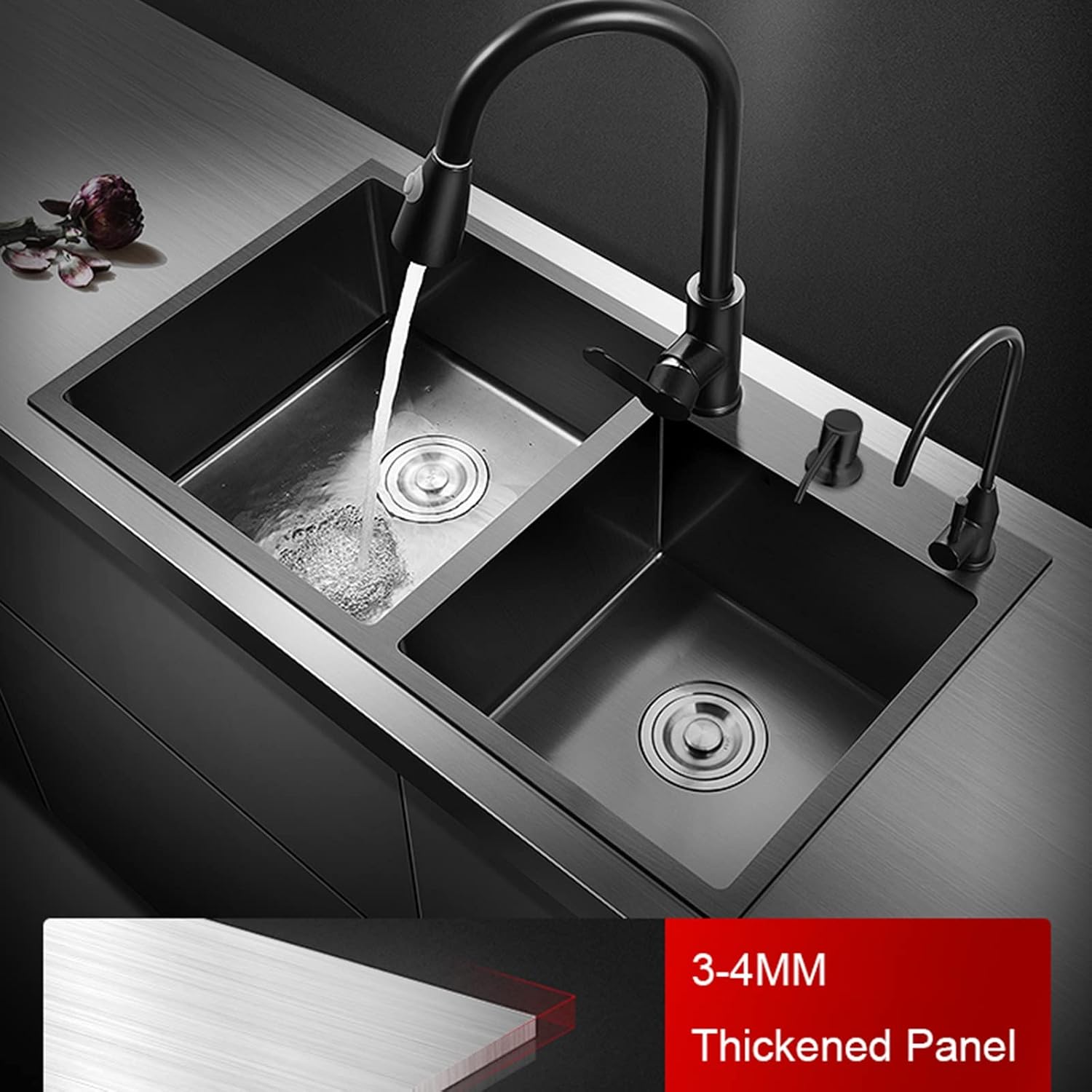 Kitchen Sinks Double Bowl Sink Black Stainless Steel Kitchen Sink Black with Drain Basket and Water Purification Faucet (Color : B, Size : 75 * 40cm)