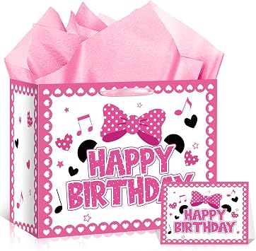 Cartoon Mouse Birthday Gift Bag with Tissue Paper and Card Pink White Bow Wrapping Paper Bags Large Princess Mouse Theme Birthday Party Favor Bags for Girls Bday Baby Shower Party Supplies Decorations