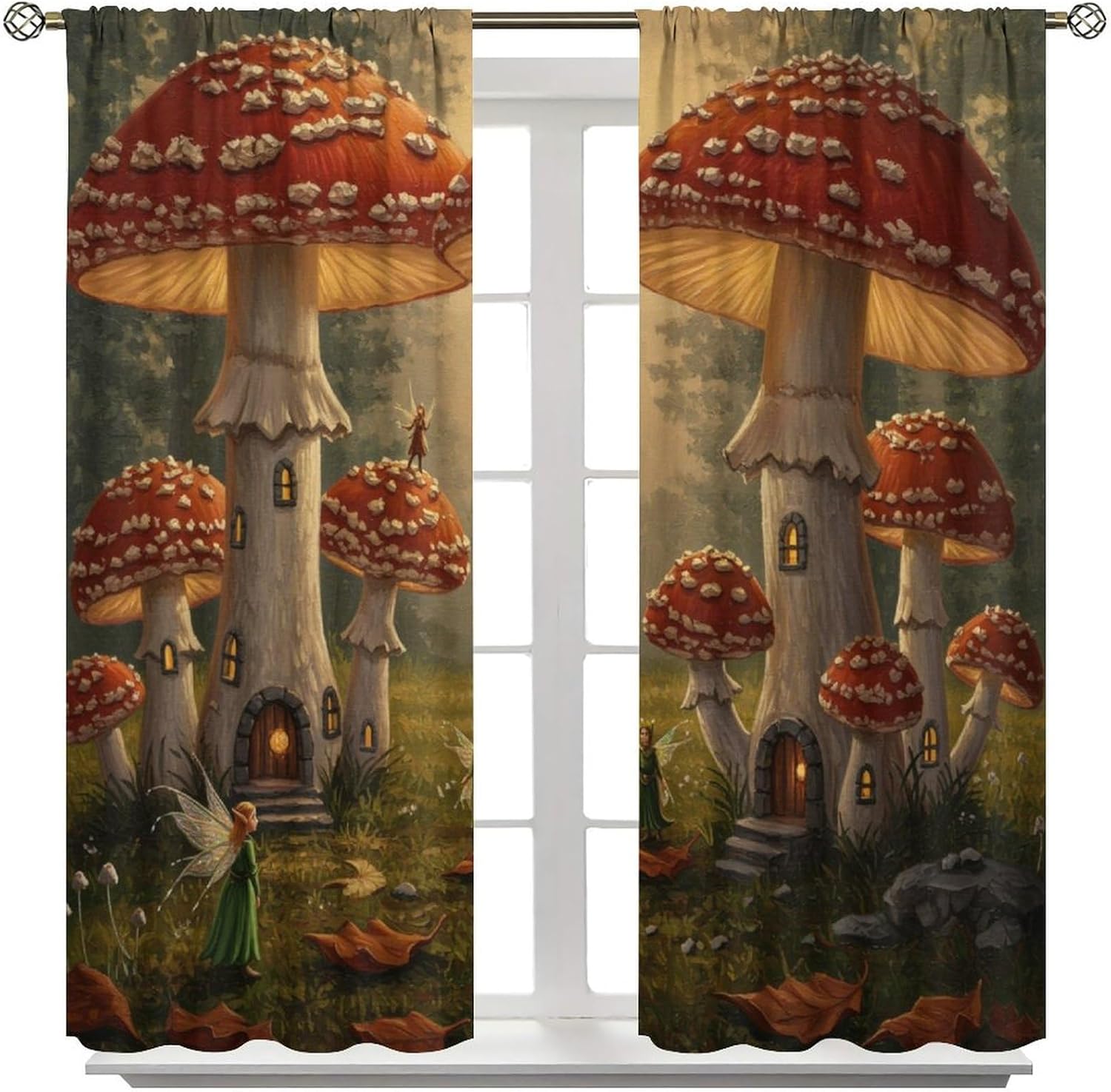 Retro Mushroom Garden Curtains,Kids Fairy Tale Magical Butterfly Princess Enchanted Wonderland Blackout Window Curtain,for Classroom Living Room Bedroom Kitchen Cafe Farmhouse 42" W X 45" L