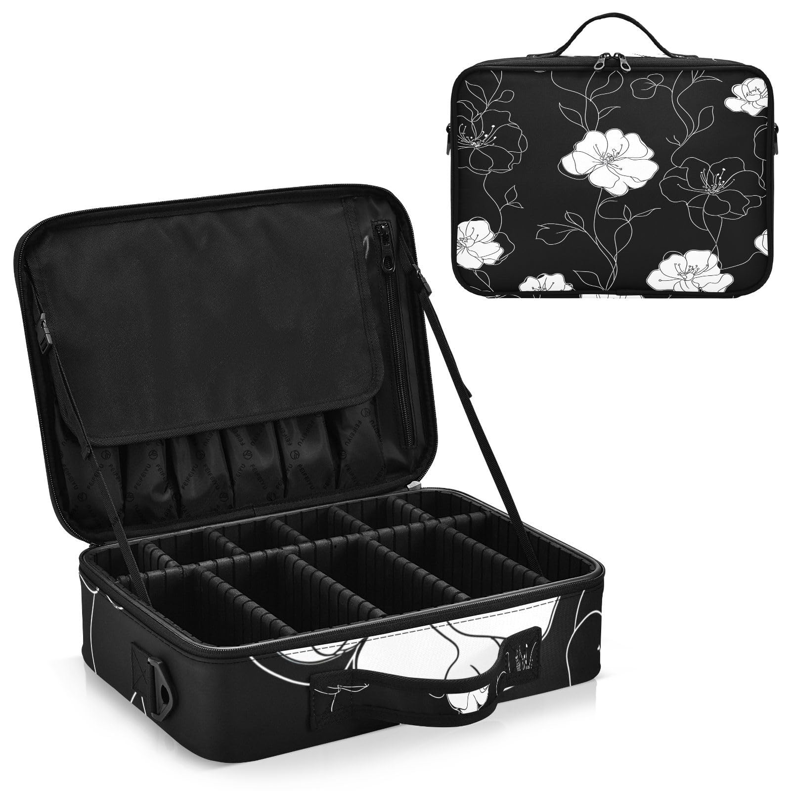 zyrtty Travel Makeup Train Case Flower White Black Leaves Pattern Cosmetic Organizer Portable Storage Bag with Adjustable Dividers for Cosmetics Brushes Toiletry Jewelry Digital Accessories
