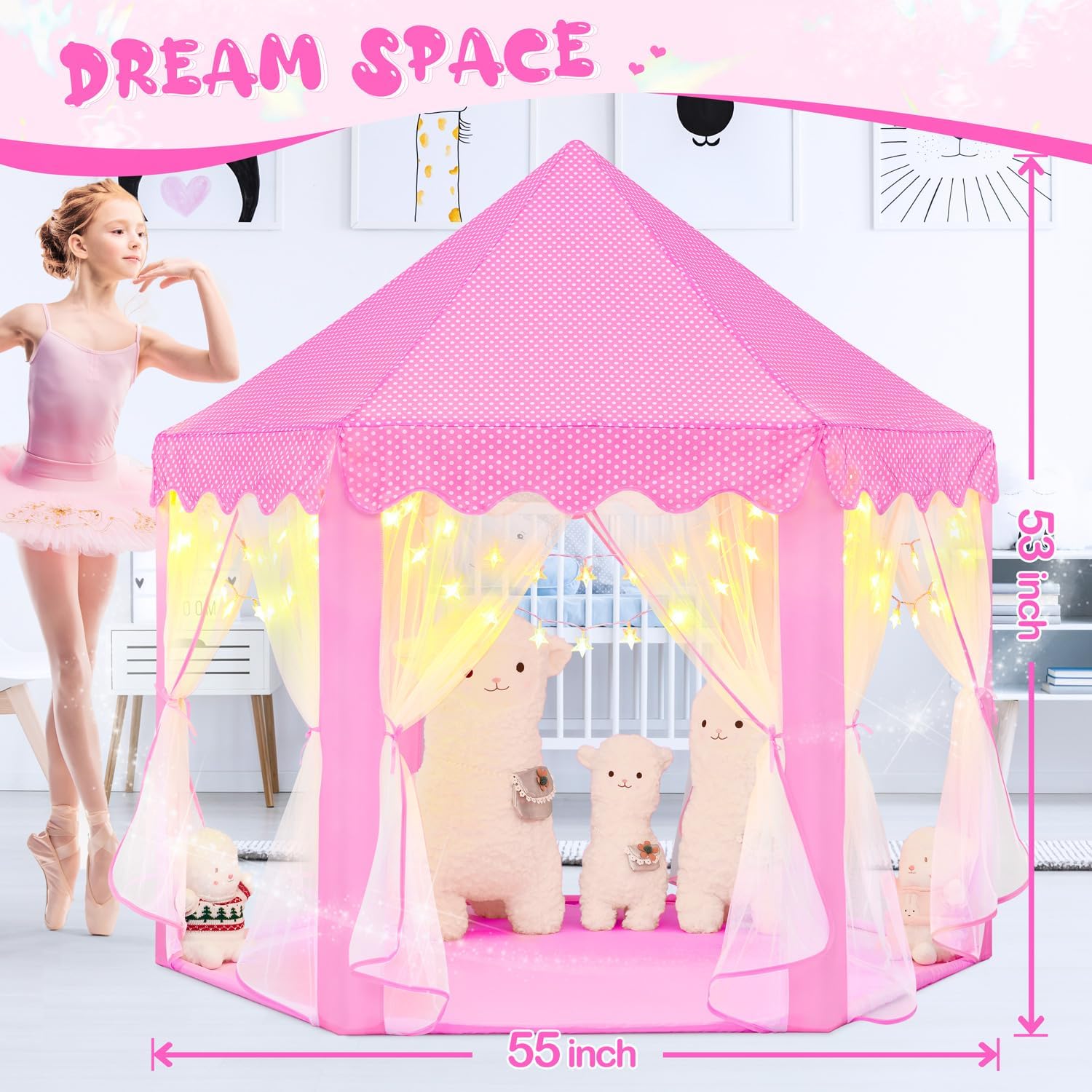 Princess Tent for Girls Age 4-7 with Star Lights, Kids Play Tent for Girls Indoor, Castle Playhouse Tent for Toddlers, Pink Princess Toy Tent 55x53 inch
