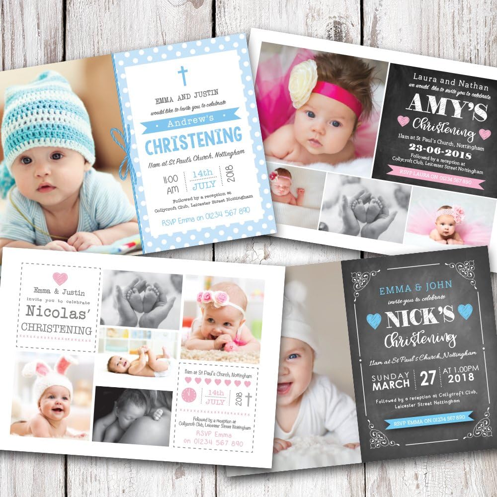Personalised Photo Christening Baptism Invitations Boy or Girl โข Choose from 23 stunning designs + coloured Envelopes