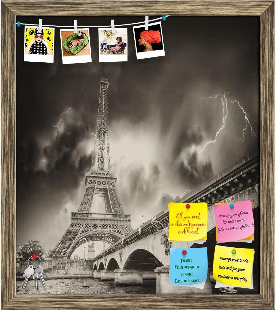 Storm Above Eiffel Tower Paris | Bulletin Board Notice Pin Board | Vision Soft Board Combo with Thumb Push Pins & Sticky Notes | Antique Golden Frame | 12 x 13.6 inch (30 x 35 cms)