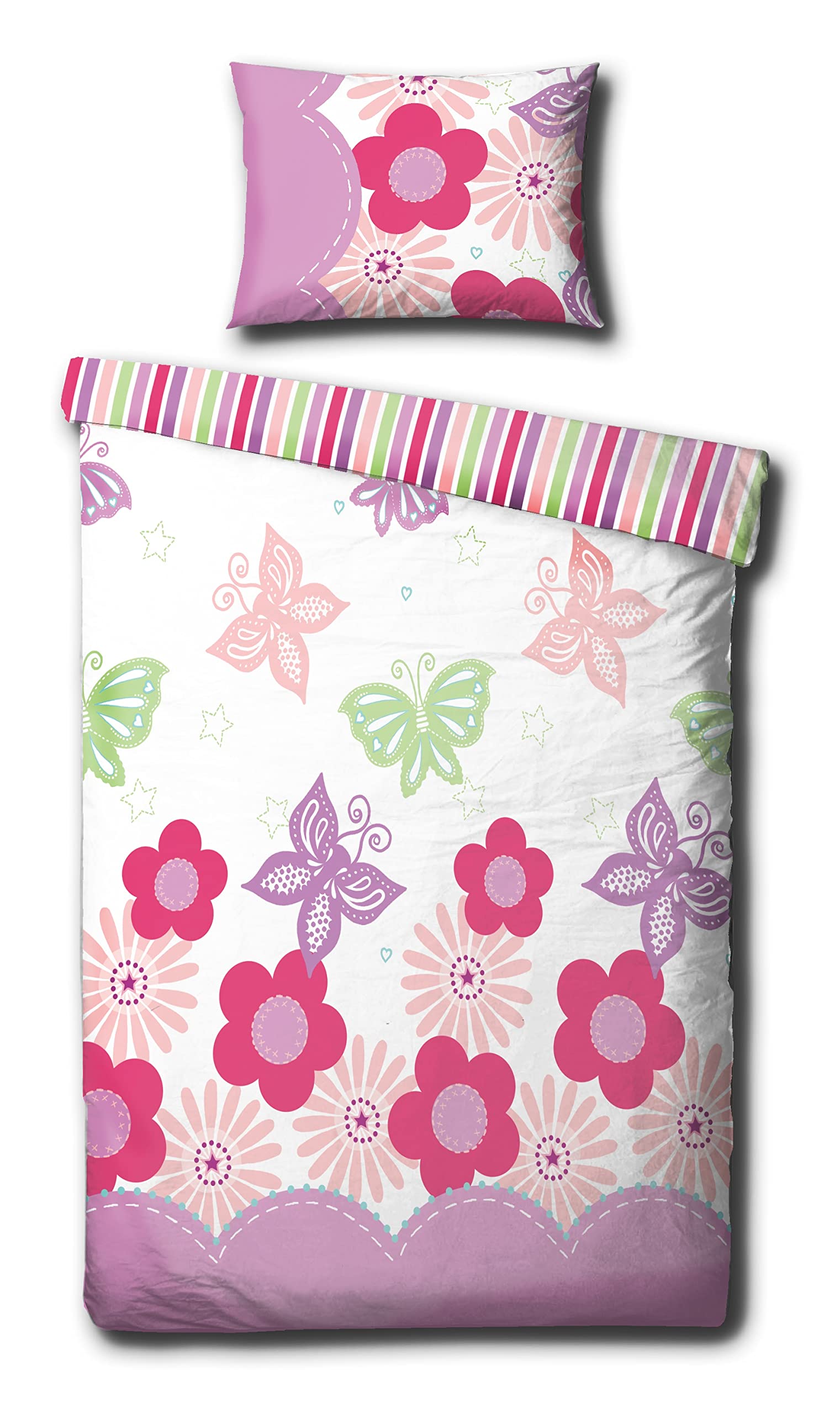 Flowers & Butterflies Toddler Junior Bed White Pink Reversible Duvet Cover & Pillowcase Set 120cm x 150cm