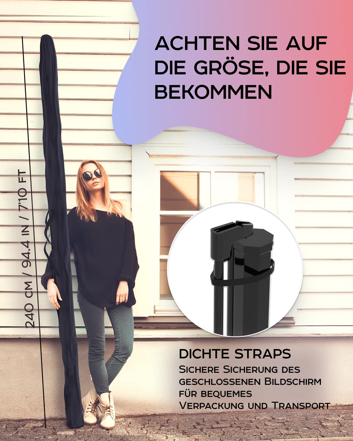 Projektionsbildschirm auf Füßen, 100 Zoll – Bildschirm für Projektor innen und außen für Filme oder Präsentationen – Display auf Stativ HD Premium ohne Falten 16:9 mit Tragetasche und Riemen