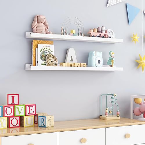 Miniatura 5 de Estante de repisa de fotos para pared, estantes de madera de pino maciza de 36 pulgadas, 2 paquetes, estantes flotantes para habitación de niños,