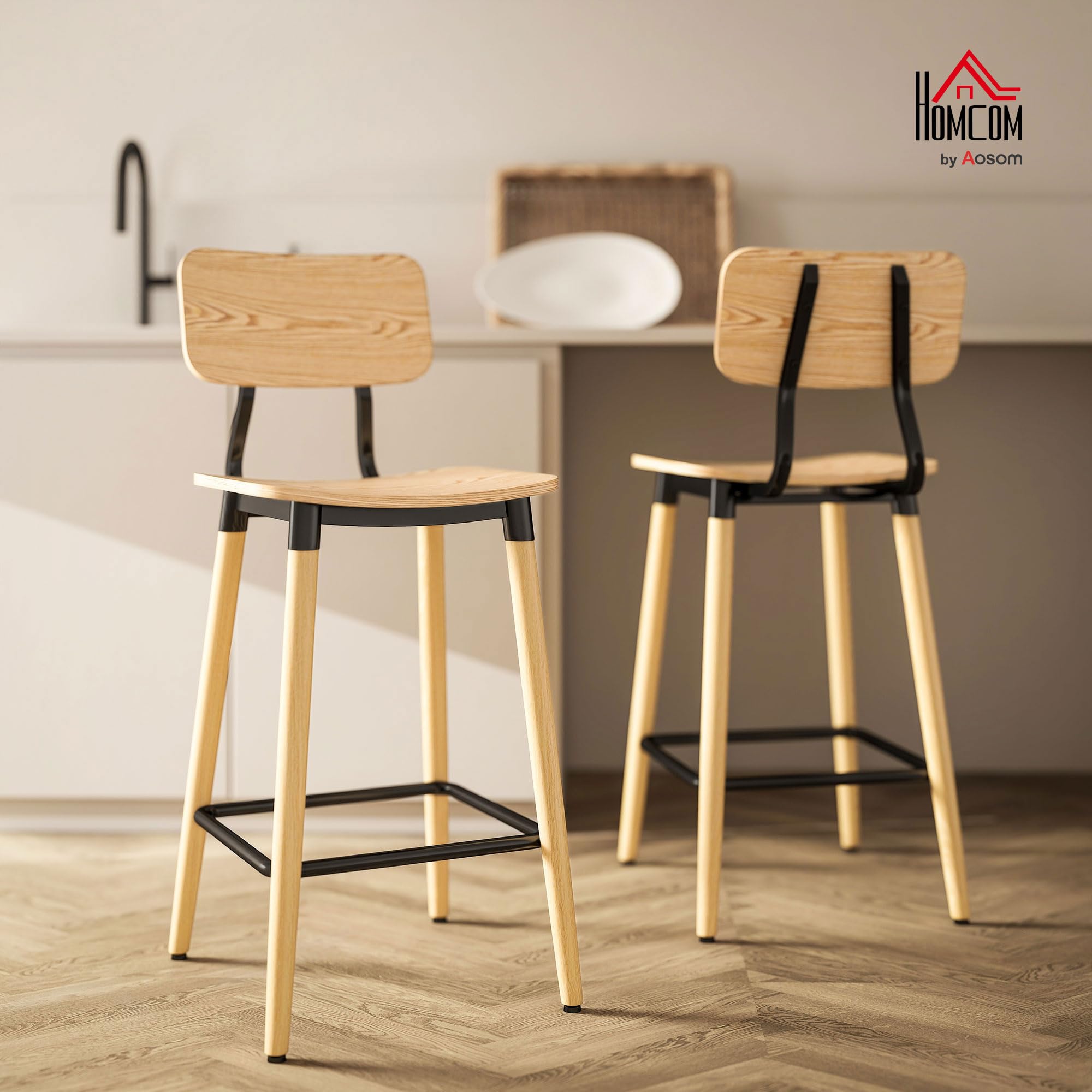 HOMCOM Barhocker 2er Set Barstuhl Tresenhocker mit Rückenlehne und Fußstütze, Küchenstühle mit Stahlbeine für Küche, Wohnzimmer, Esszimmer Natur
