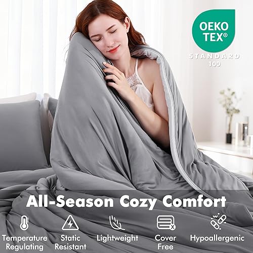 Miniatura 5 de Elegear Juego de edredón tamaño Queen gris, 3 piezas, ultra suave, cálido, reversible, PCM que regula la temperatura, edredón alternativo ligero