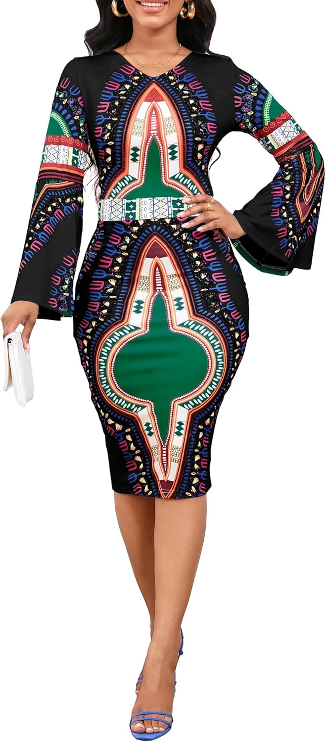 Women Sexy Dresses Bodycon Church 3/4 Sleeve African Print Pencil Party Office Dress Work with Split - Image 3