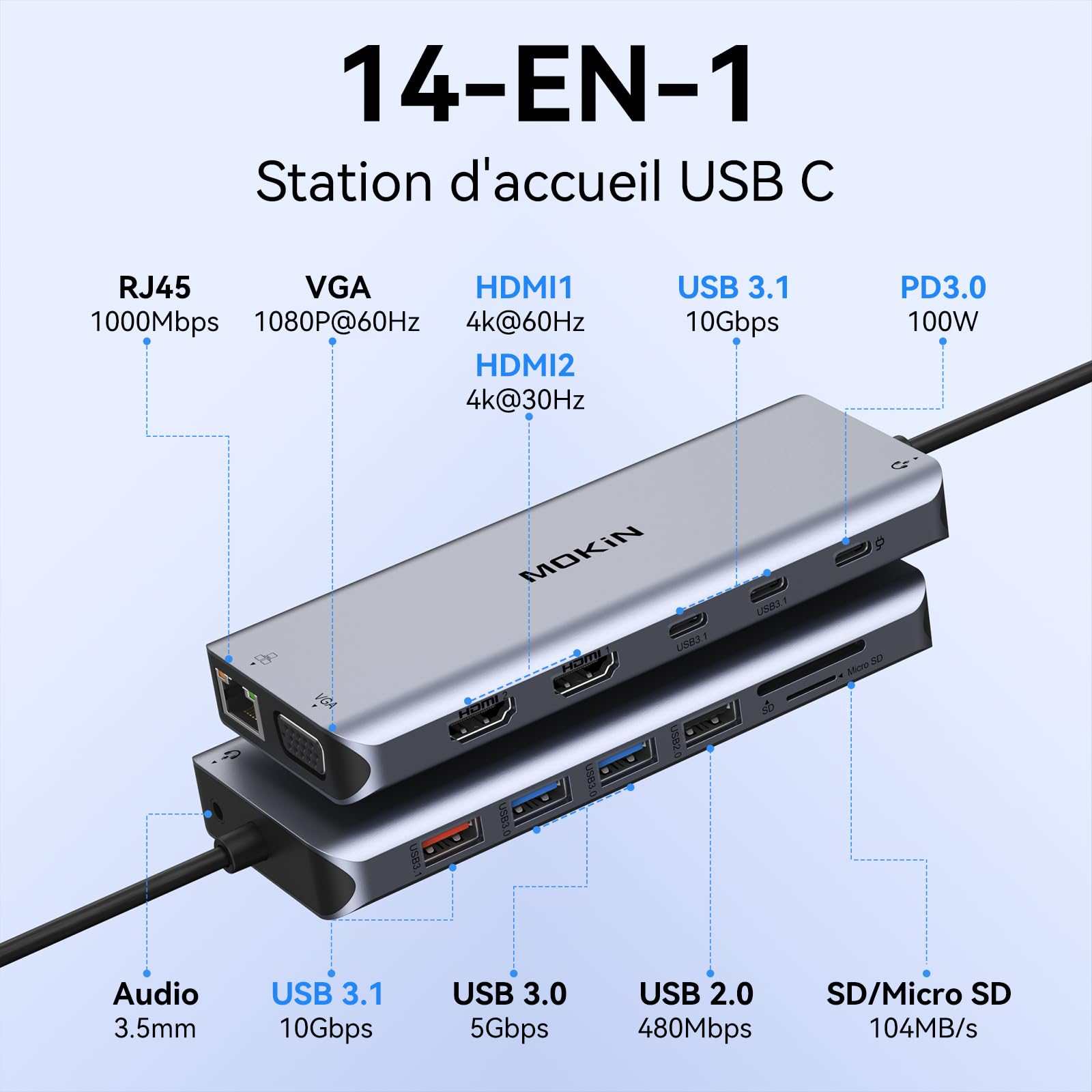 Station d'accueil USB C Docking Station Double Moniteur, Dock USB C 2 HDMI | Dual HDMI, VGA, Ethernet RJ45, 100W PD, USB 3.1/3.0/2.0, SD/microSD et Audio, 14 en 1 Hub USB C pour MacBook HP Lenovo Dell