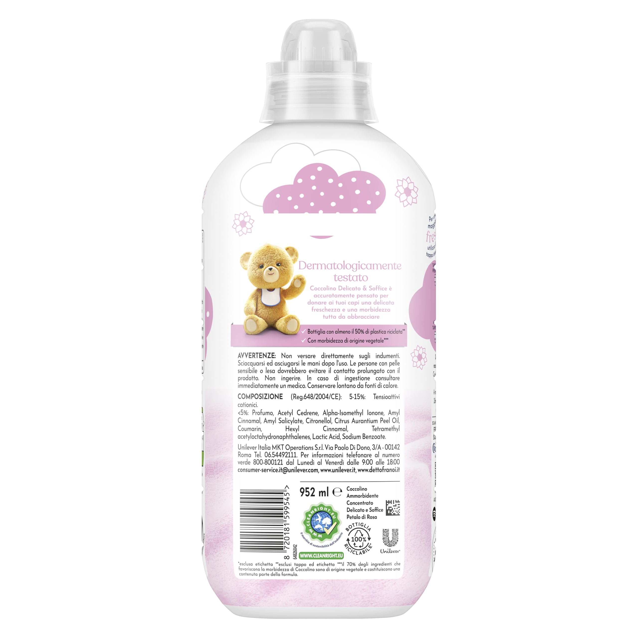 Coccolino Ammorbidente Concentrato Delicato e Soffice Petalo di Rosa, Ammorbidente Lavatrice Dermatologicamente Testato, Morbidezza Naturale, Freschezza Lunga, 41 Lavaggi, 8 x 952 ml
