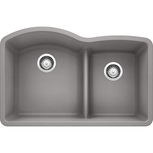 BLANCO, Metallic Gray 441592 DIAMOND SILGRANIT 60/40 Double Bowl with Low Divide Undermount Kitchen Sink, 32" X 21"