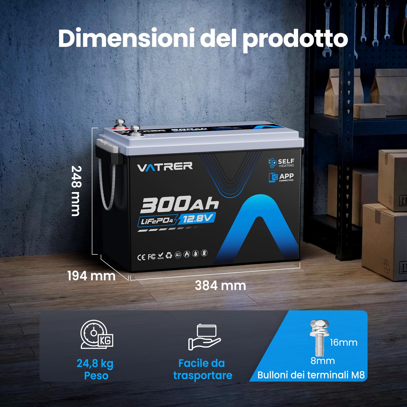 VATRER POWER Batteria LiFePO4 12,8V 300Ah Autoriscaldante Bluetooth