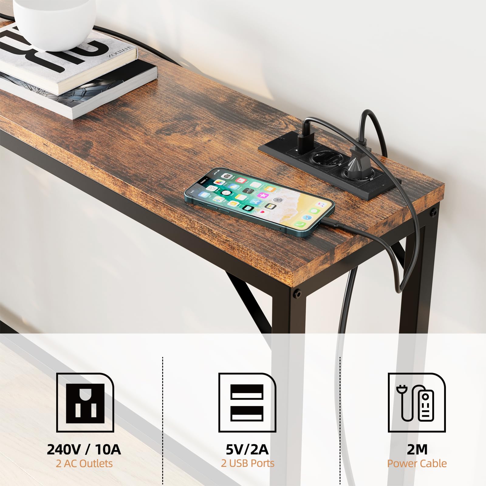 Wąska konsola z gniazdem i portem USB, 100 x 23 x 80 cm, stolik pomocniczy, vintage, brązowo-czarny, idealny do przedpokoju, kuchni, salonu
