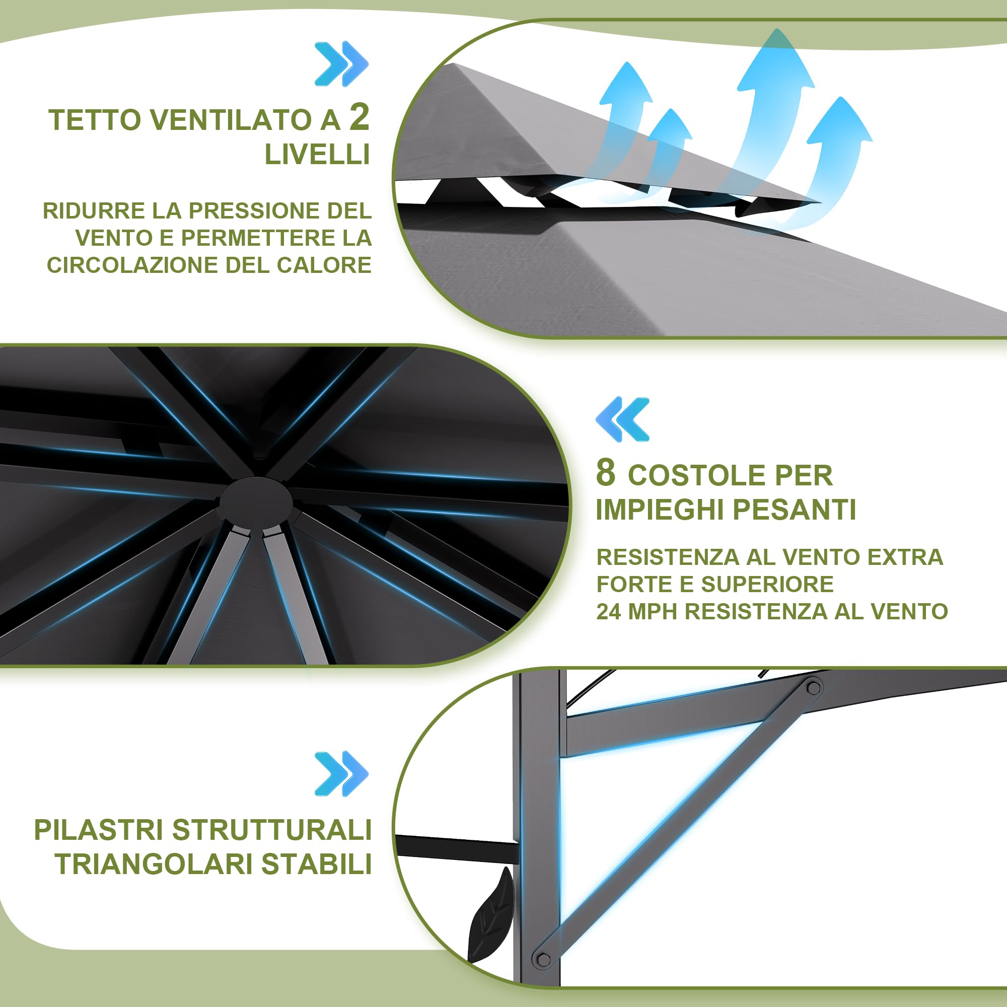 Devoko Gazebo Esterno Resistente 3.3x3.3 m con 4 Vasi per Fiori - Gazebo da Giardino in a Doppio Tetto Aerato, Struttura Fogliata, Tende Rimuovibili, Protezione UV & Impermeabile per Esterno