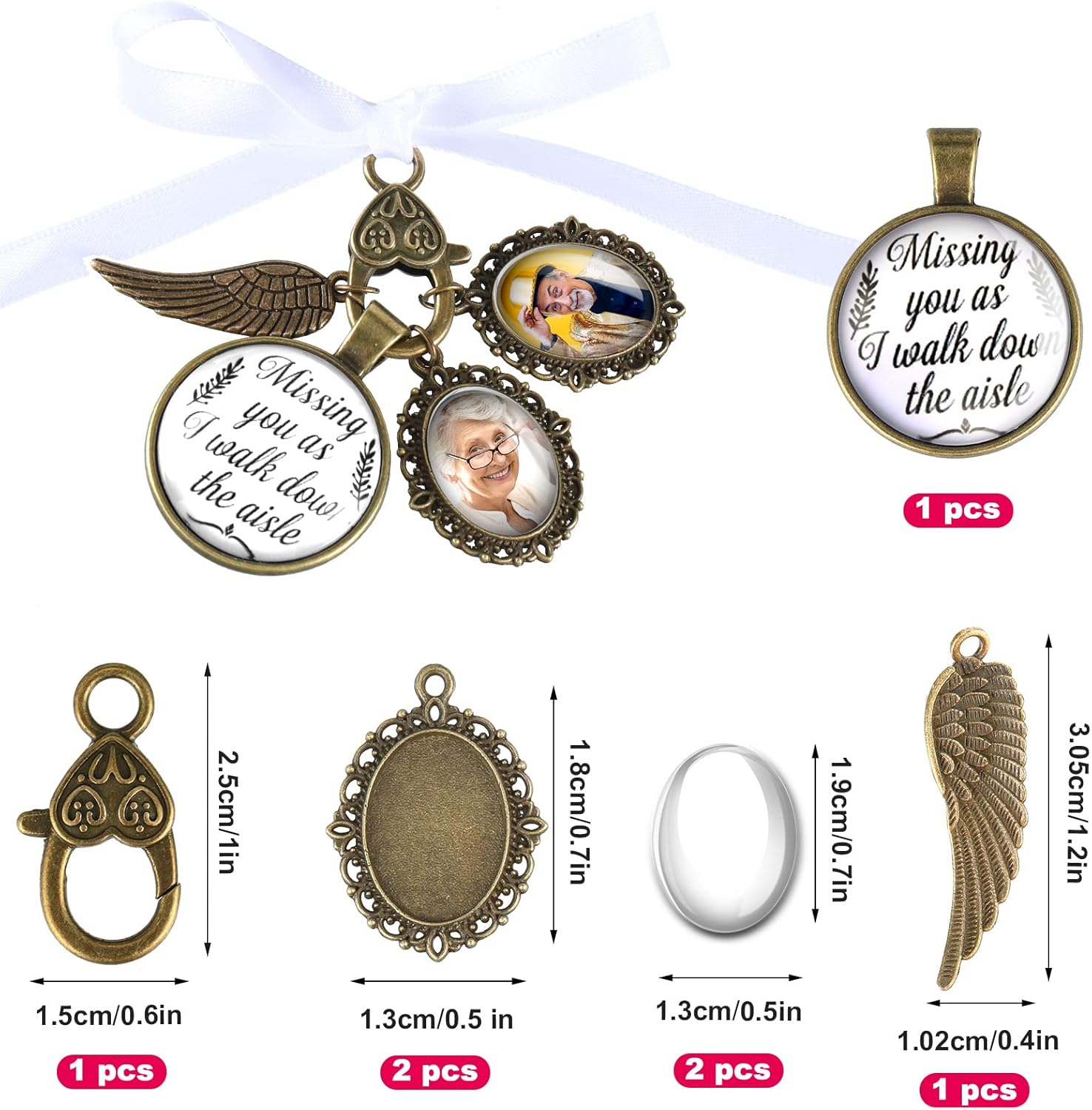 Mtlee Wedding Bouquet Photo Charm Bridal Bouquet Photo Charm for Memory Lacy Oval Wedding Wing of an Angel You as I Walk Down the Aisle Accessory for Bride Groom Bridal Shower Party Mother Father Gift thumbnail