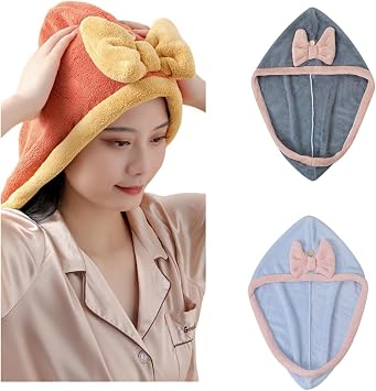 Microfiber Hair Towel Wrap,2 PCS Ultra Absorbent Hair Quick Drying Towel,Rapid Drying Towel,Hair Turban Hair Wrap for Long and Thick Hair,Efficient Super Absorbent Hair Towel Wrap Grey and Blue