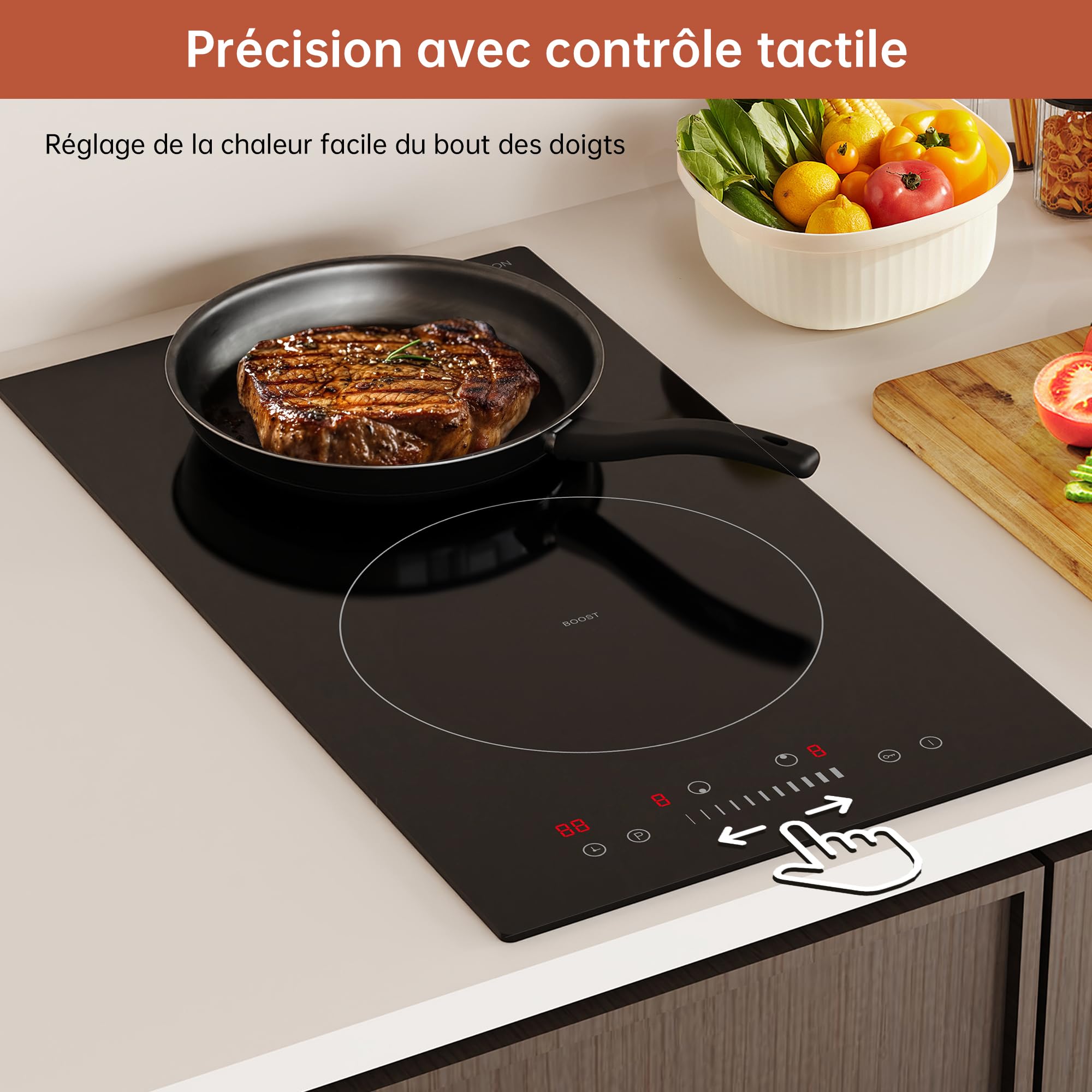 Plaque Induction 2 Feux Encastrable 3600 W, Puissance 9 Niveaux, Boost Rapide, Chauffage Doux, Minuterie, Sécurité Enfant, Détecteur Casserole, Tactile Coulissant,Noir Brillant