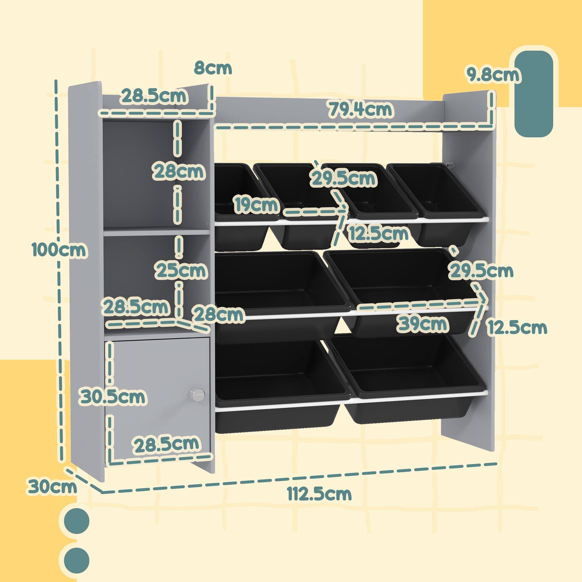 AIYAPLAY Meuble de Rangement pour Jouets, avec 8 bacs Amovibles, étagères de Rangement, Armoire, Organisateur de Jouets, pour Salle de Jeux, Chambre d'enfant, crèche, Gris