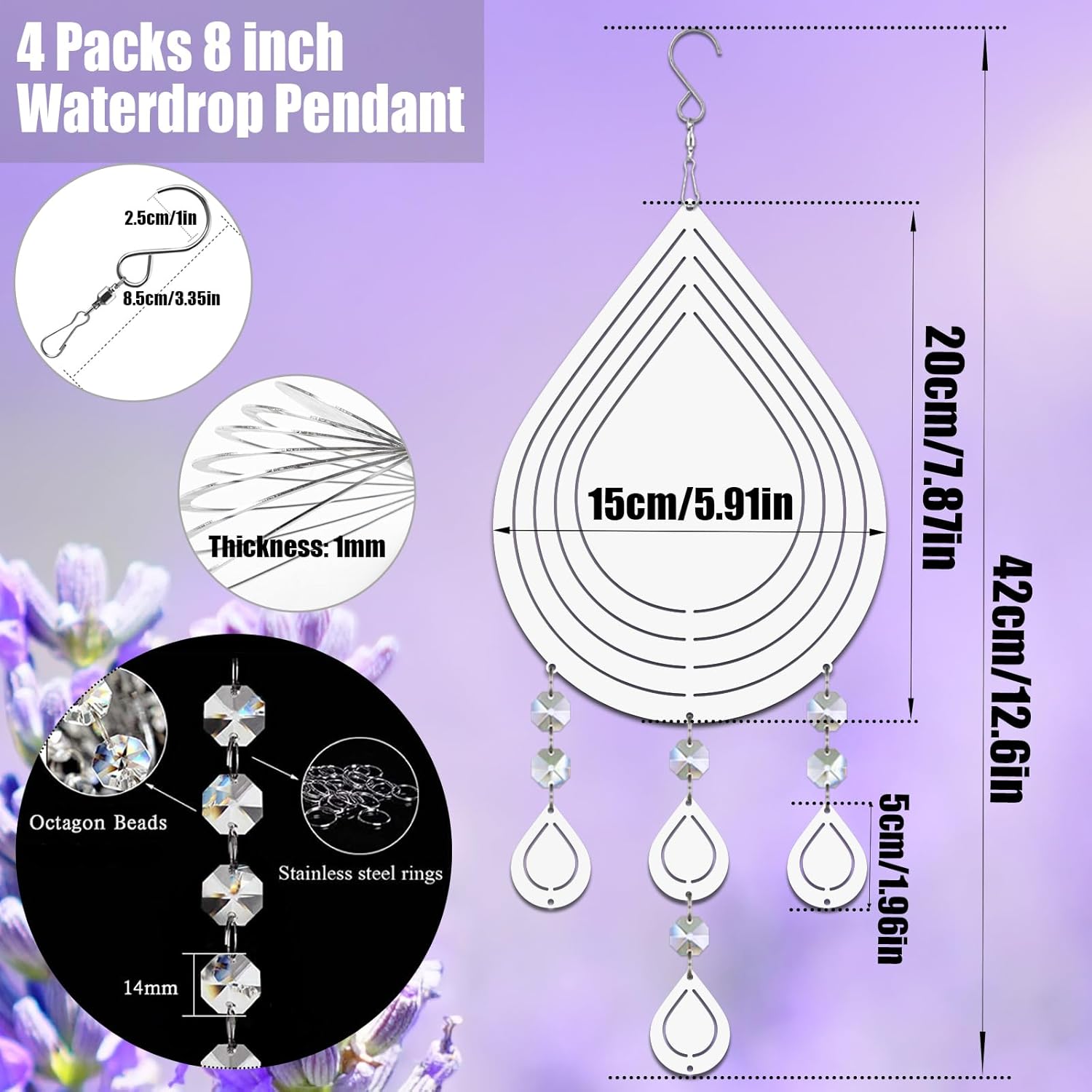 4Pack 8inch Sublimation Wind Spinner Blanks 3D Aluminum Metal Wind Sculpture Kinetic Spinners for Yard and Garden Indoor Art Ornaments Hanging Decoration (Waterdrop Pendant)