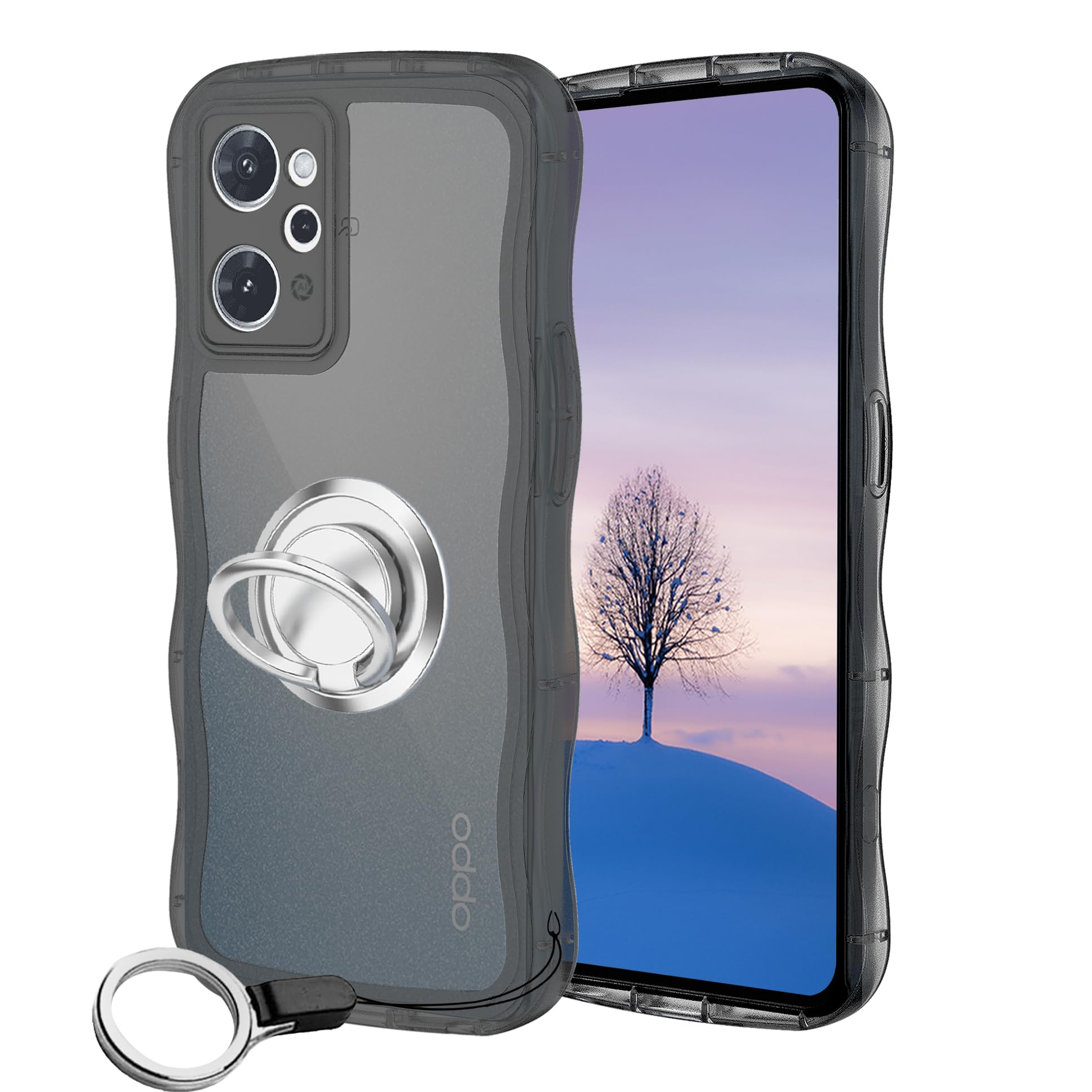 OPPO Reno9 A/Reno7 A ケース クリアブラック ウェーブ リング付き TPU波状のバンパー 半透明 スマホケース かわいい うねうね オッポ Reno9A/7A ウェーブ デザイン 可愛い 韓国 女性用 薄型 人気 おしゃれ 耐衝撃 ストラップホール付き(ブラック)
