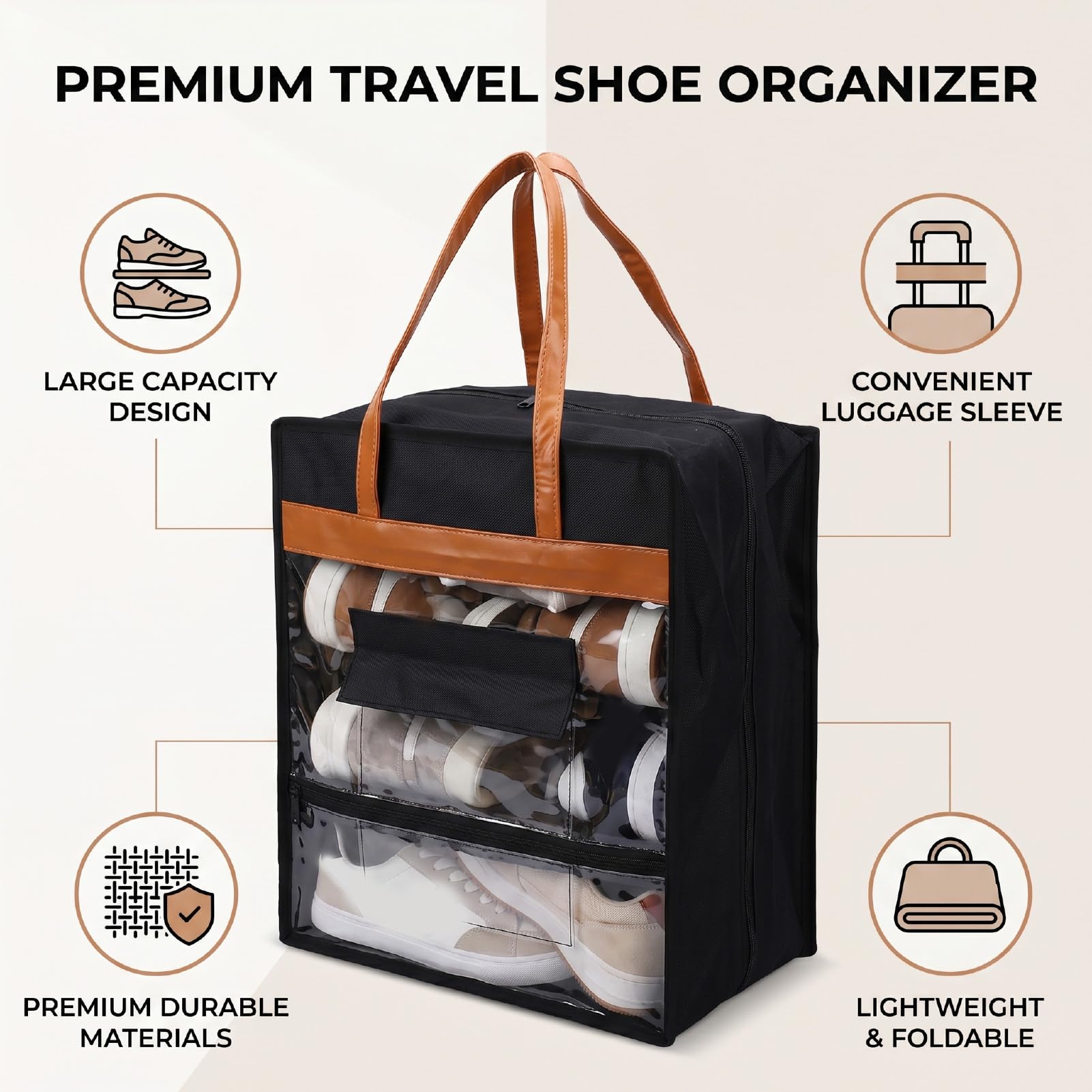 Luocute Borsa da Viaggio per Scarpe, Grande capacità Organizer con 3 Scomparti in PVC e Cinghie Regolabili per Palestra Campeggio Bagaglio