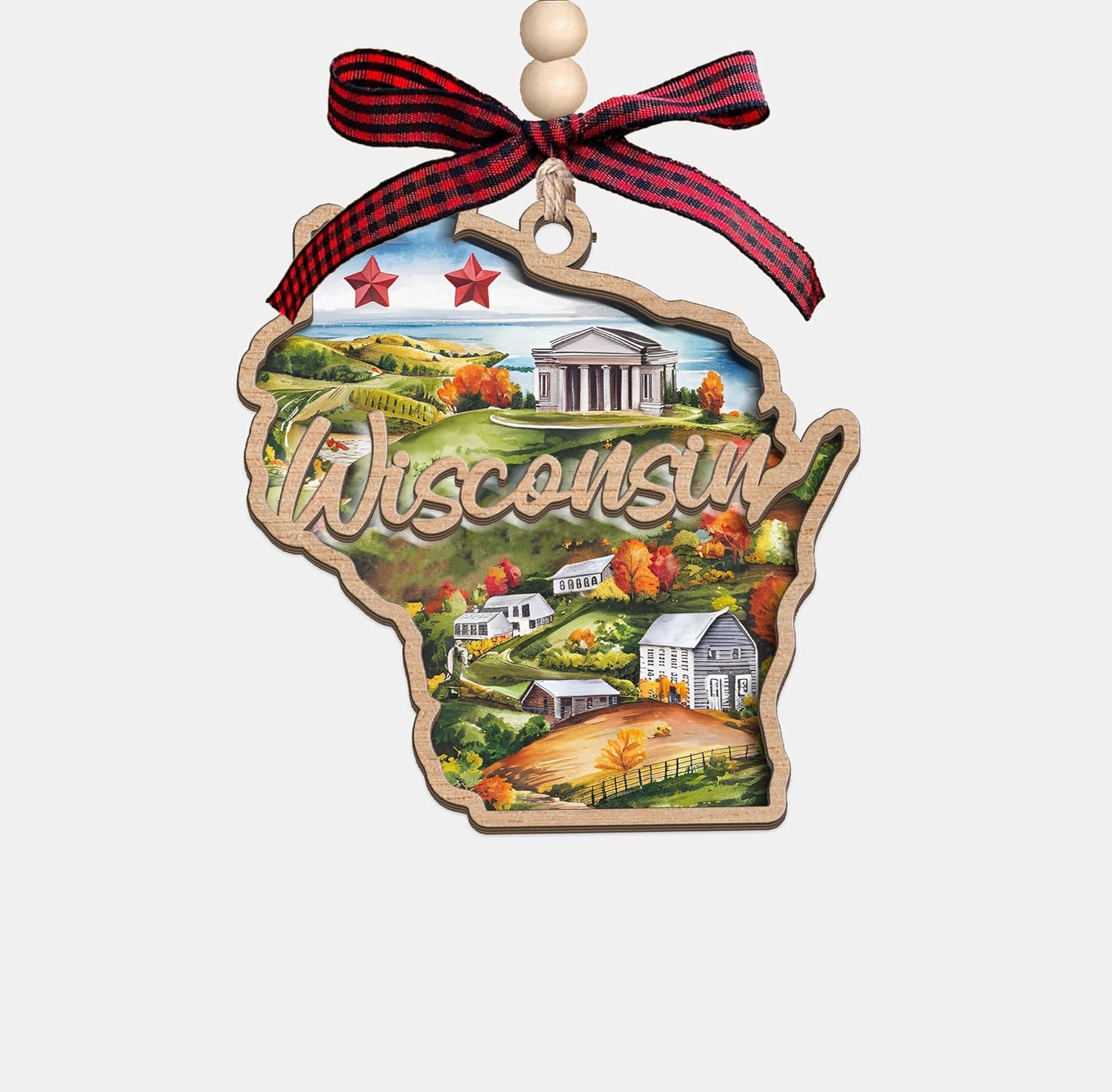 Wisconsin State Christmas Wooden Ornament - 2-Layer Laser-Cut Wooden Keepsake - Rustic Holiday Decor & Ideal Travel Gift for Women Men Family & Friends - Wisconsin Locals Gift