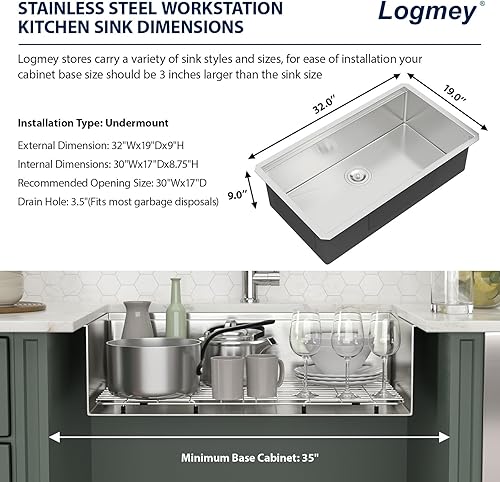 Miniatura 7 de Logmey - Fregadero de cocina de montaje inferior 32 x 19 pulgadas, fregadero de cocina de acero inoxidable calibre 16 con accesorios