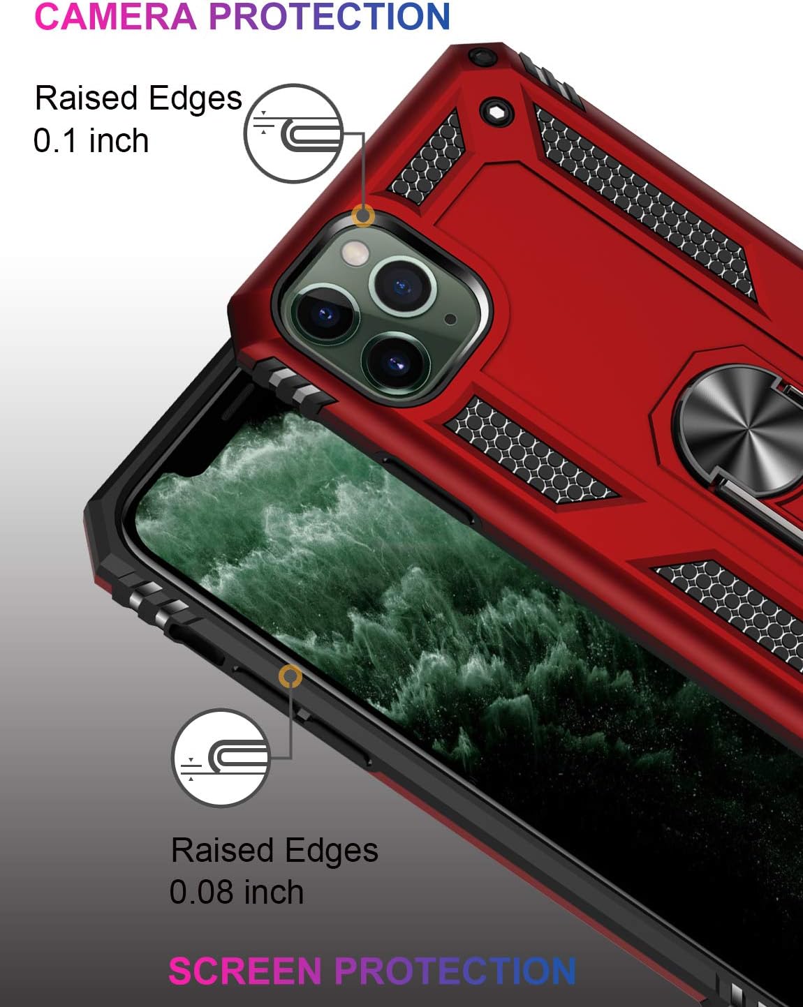 LUMARKE iPhone 11 Pro Max Case,15ft Drop Tested, Military Grade Shockproof Dual Layer Plastic TPU Cover with Metal Kickstand Protective Phone Case for iPhone 11 Pro Max 6.5 inch 2019 Red
