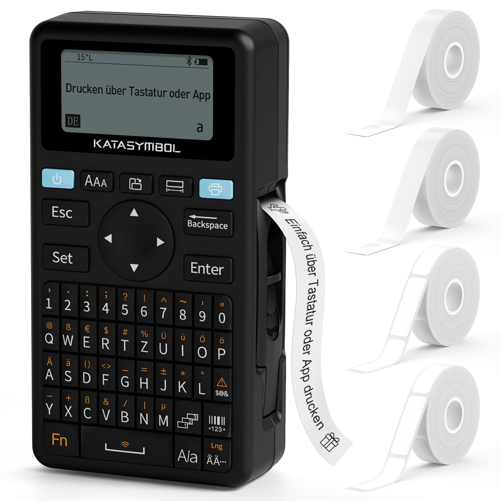 SUPVAN E11 Etiquetadora, Teclado QWERTZ (Disposición Alemana), con 4 Rollos de Etiquetas Adhesivas (15mm × 6m*2 y 12mm×40mm*2), para la Escuela, la Oficina y el Hogar