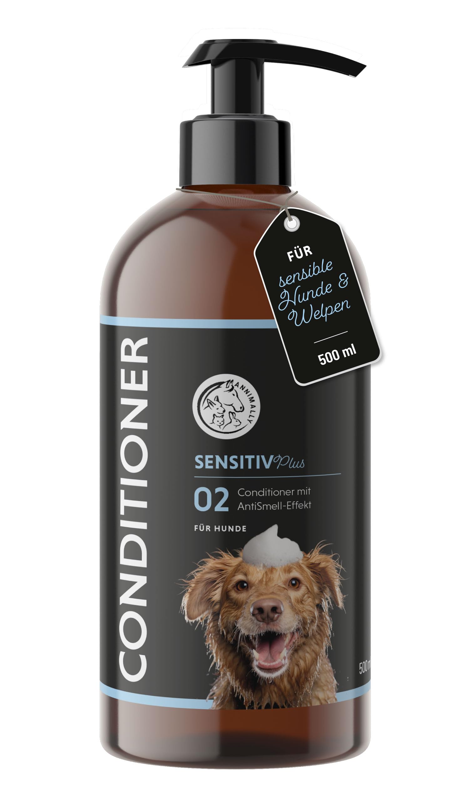 Annimally Sensitiv Plus Conditioner - Natürliche pflegende SpüLung für Sensible Hunde & Welpen, Seidiges Fell mit Sheabutter, ph-neutral, ohne Silikone, Parabene & künstliche Duftstoffe - 500 ml