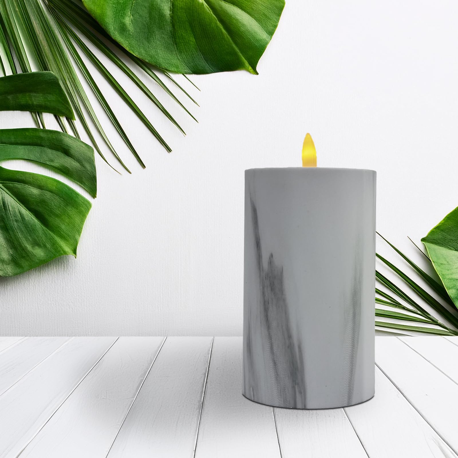 Marrakech Juego de 4 velas LED en mármol, decoración de mármol, 7,5 cm y 12 cm de alto, velas LED parpadeantes para exteriores, funciona con pilas, con función de temporizador para corona de Adviento,