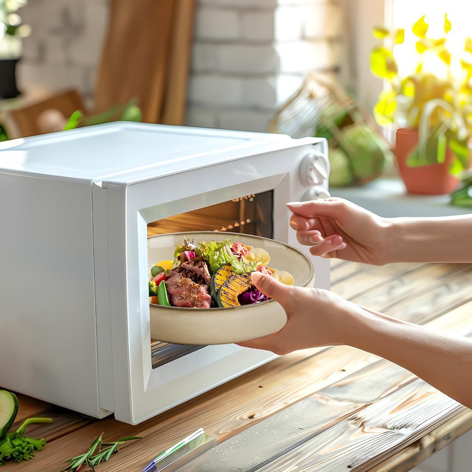LIANYU Stoneware Pasta Bowls, 35oz Large Salad Pasta Bowl Set of 4 for Home, Wide and Shallow Ceramic Plate Bowls for Serving Soup, Dinner, Microwave & Dishwasher Safe, Sandy Beige