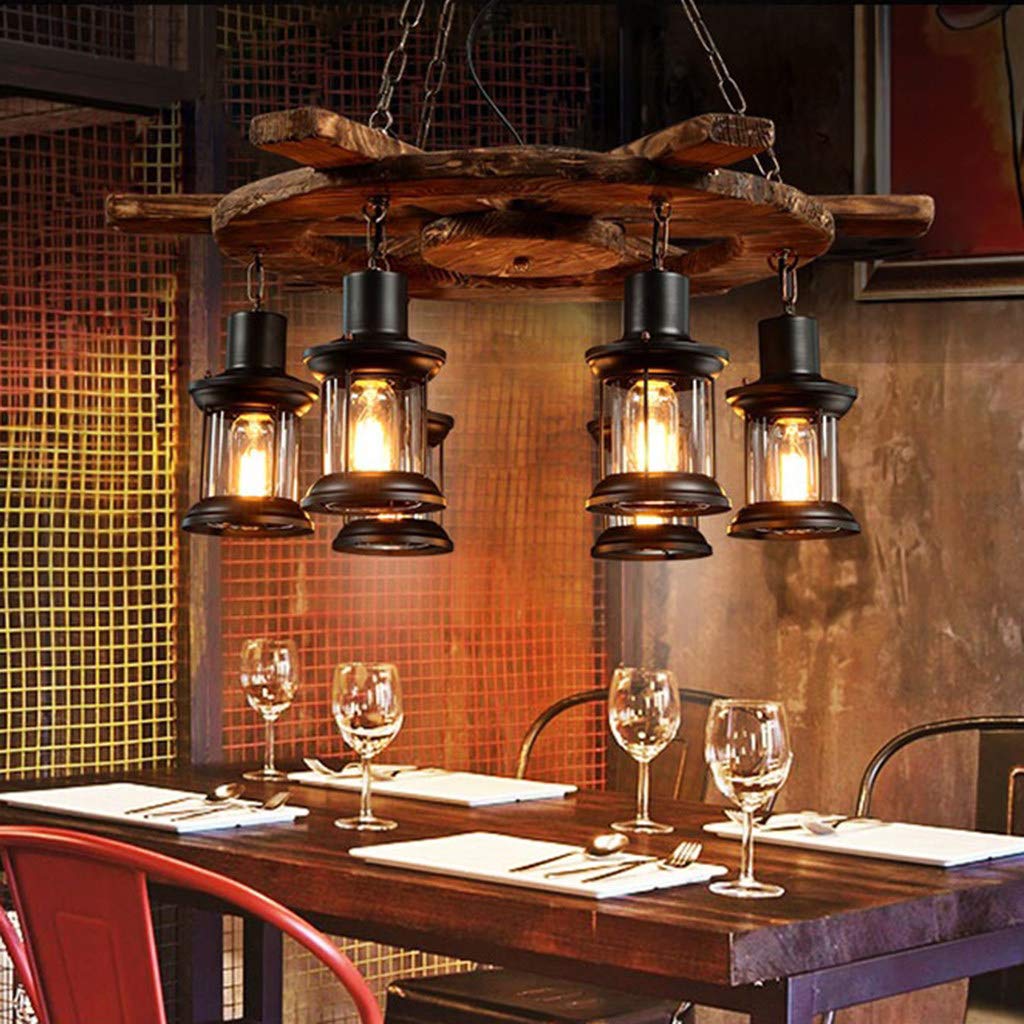 Lampadario Vintage Industriale In Legno E Vetro – 2 Luci E27 – Altezza Regolabile Per Soggiorno, Bar, Ristorante