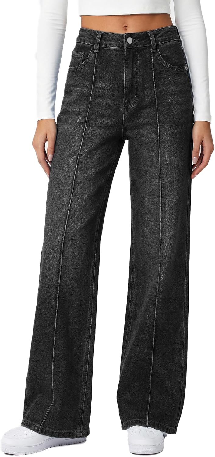EMMIOL Women's Wide Leg Jeans Mid High Waisted Trendy Seamed Front Baggy Vintage Denim Pants with Pockets