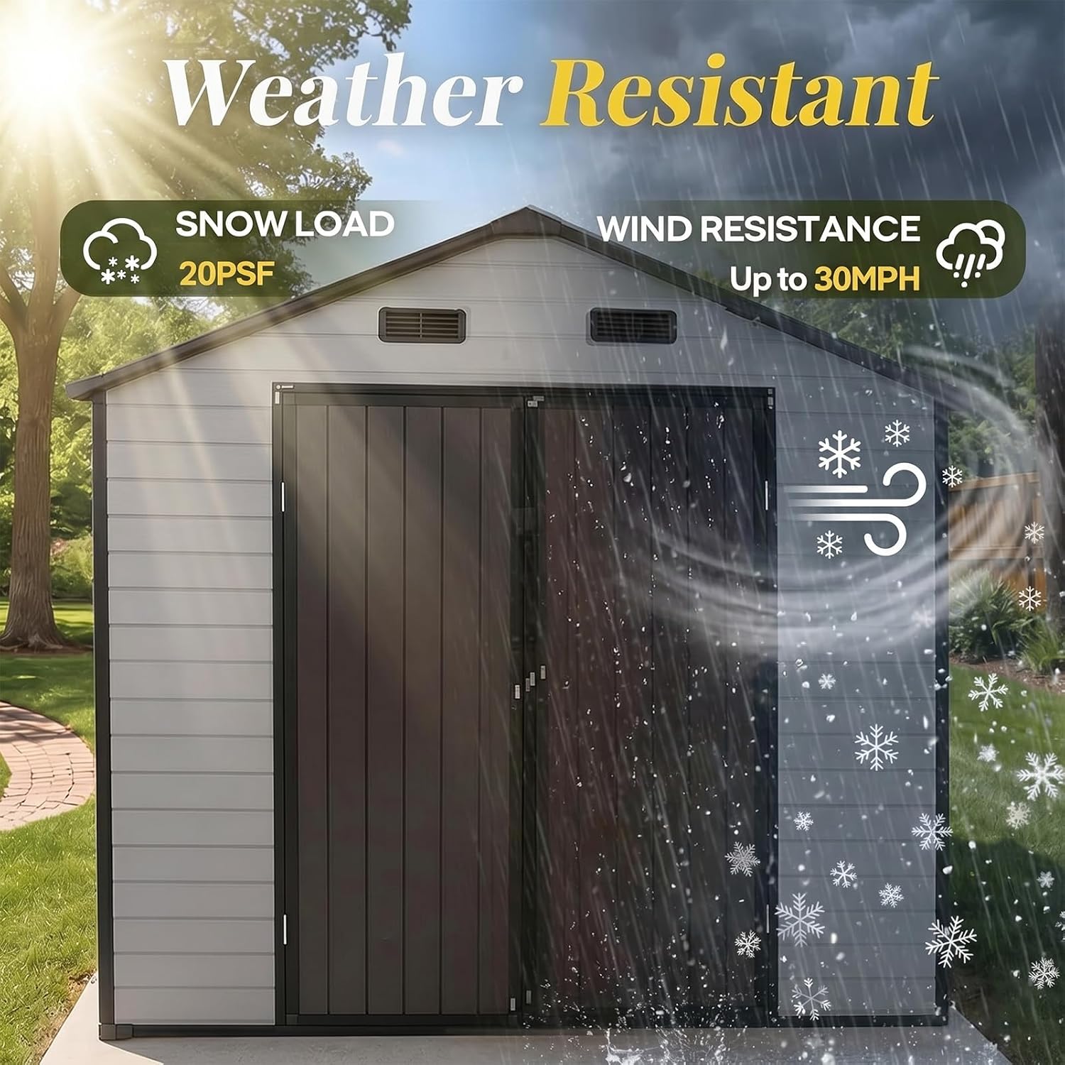 8x8 FT Heavy Duty Resin Shed with Floor, Waterproof Outdoor Storage Shed with 2 Windows & 4 Vents, Lockable Door for Backyard, Garden, Patio, Bikes Brown White