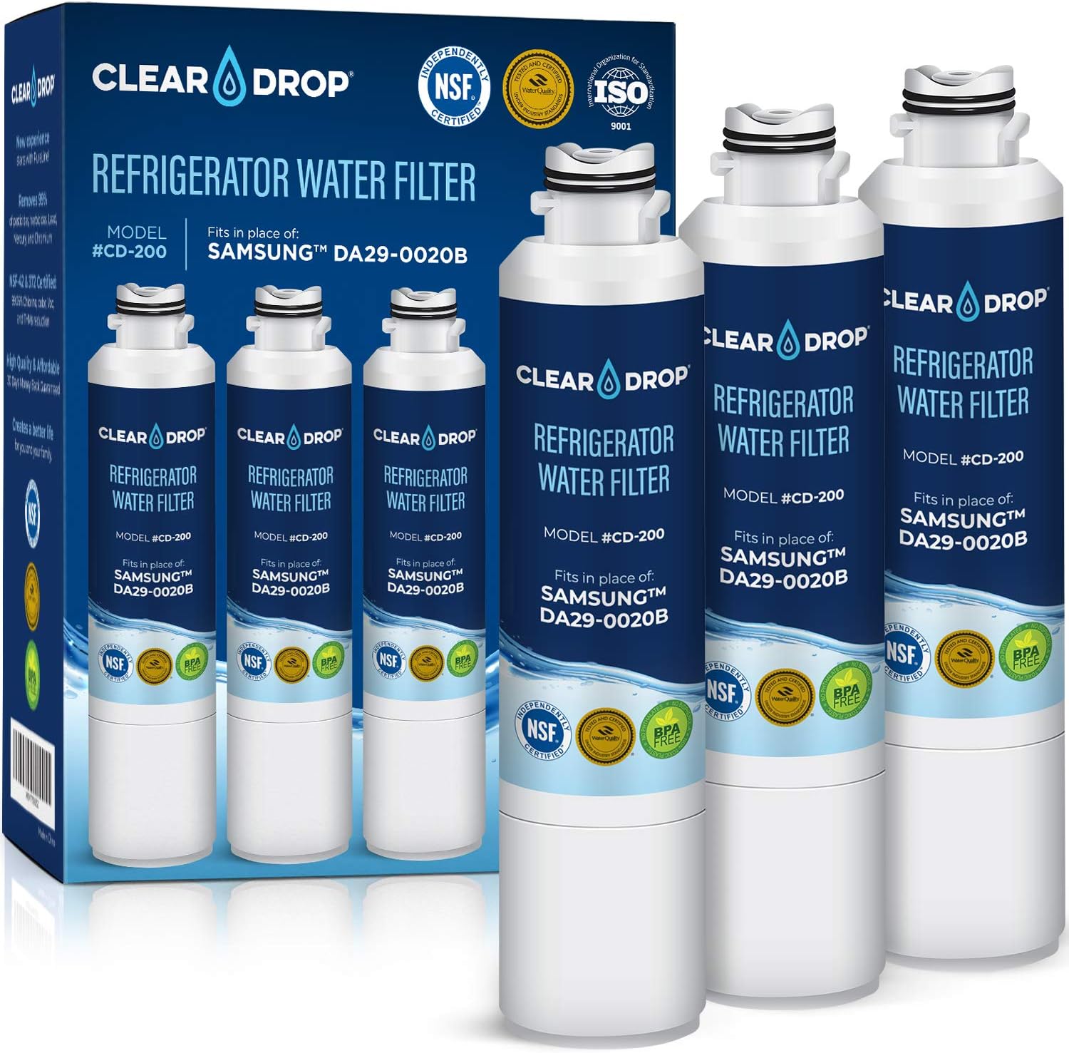 Clear Drop DA29-00020b Water Filter Replacement for Samsung DA29-00020A/B, HAF-CIN/EXP, RF28HFEDBSR, RF263BEAESR, RF263TEAESG, RF28HDEDBSR, Haf-Cin, RF4287HARS,RF4267HARS,DA97-08006A (3 Pack)