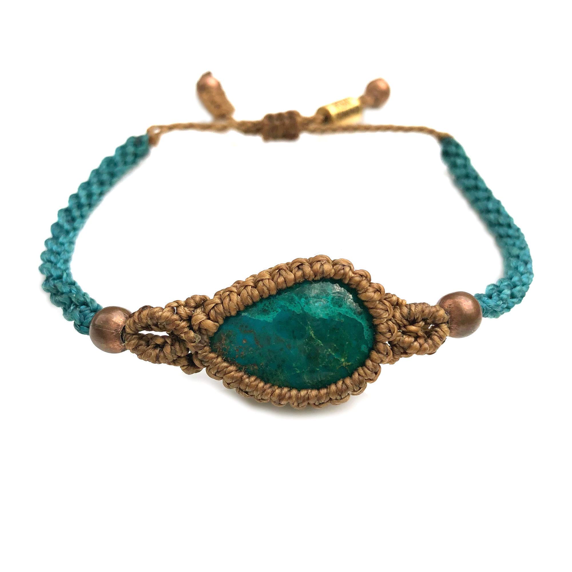Rumi SumaqChrysocolla Bracelet for Women - Macrame Stone Bracelet in Tan and Aqua Blue Cord - Woven Handmade Boho Festival Chrysocolla Jewelry